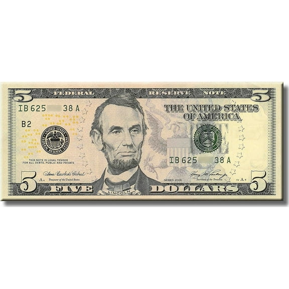 Lincoln Five Dollar Bill, $5 Bill Picture on Stretched Canvas, Wall Art Dcor, Ready to Hang