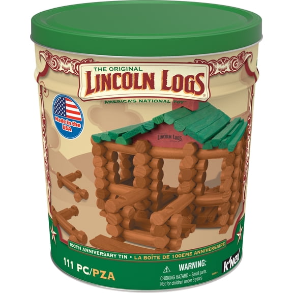 Open Box Lincoln Logs 100th Anniversary Collectible Tin, 111 Pieces, Model Building Kit