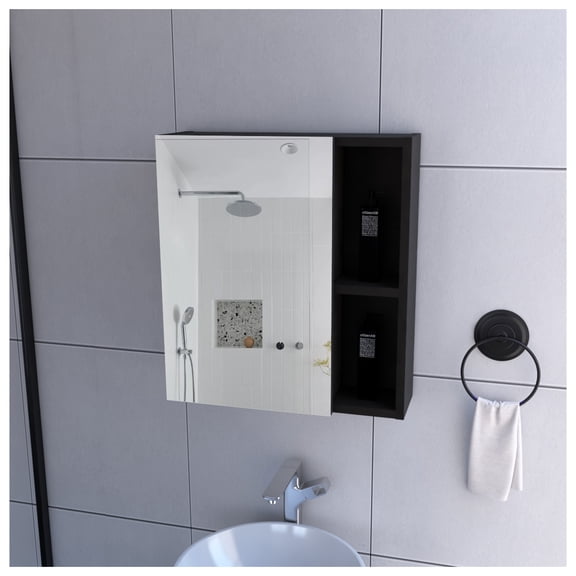 Lincoln Mirrored Medicine Cabinet, Five Interior Shelves + Black + 1 + 5+ + Up to 17 in + Bathroom + Wall Mounted + Modern + 5 - 10 inches + Melamine + Particle Board