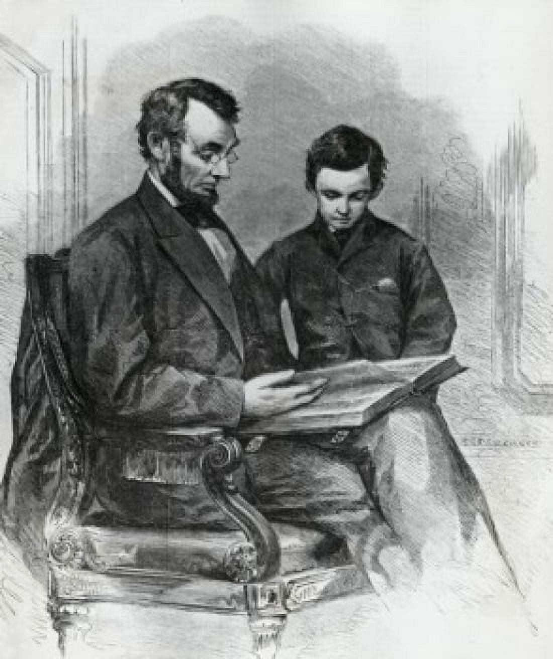 Lincoln Reading the Bible to His Son Tad in His Studio at the White House after a photo by Brady taken in 1865 Canvas Art - Brady (18 x 24)