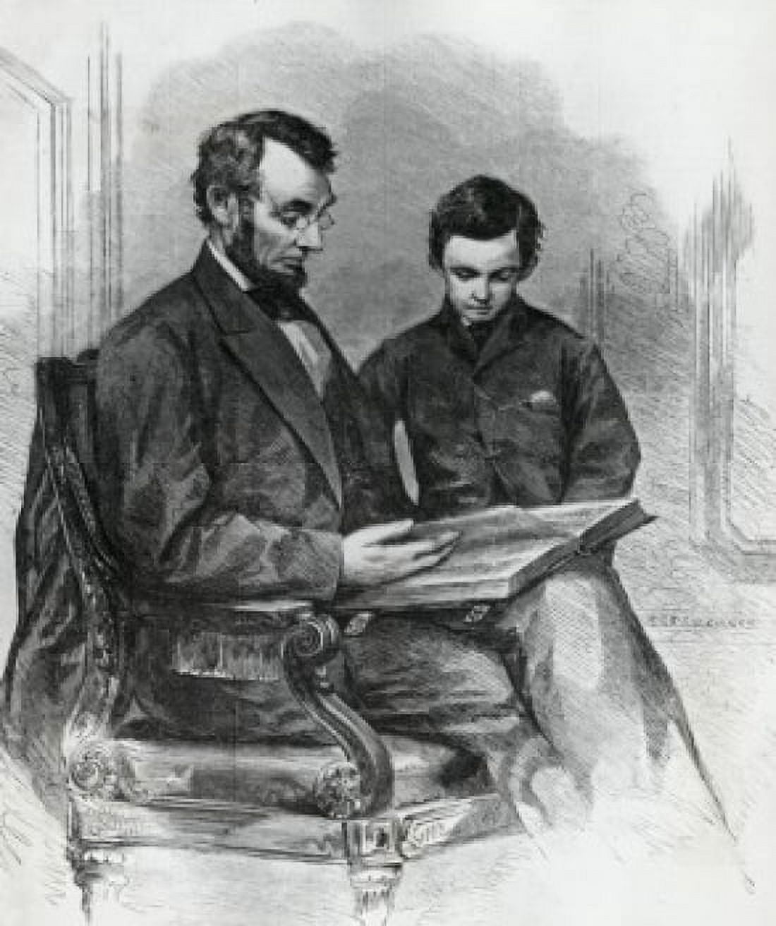Lincoln Reading the Bible to His Son Tad in His Studio at the White House after a photo by Brady taken in 1865 Canvas Art - Brady (24 x 36)