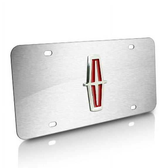 Lincoln Red Filled Chrome 3D Logo on Brushed Stainless Steel License Plate
