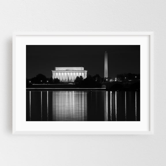Lincoln & Washington 02 B&W - Washington District of Columbia Photography Black and White Architecture Night Sky Bridge City Skyline Water White Framed Wall Art Print 5 x 7 inches
