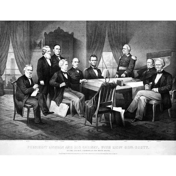 Lincoln With His Cabinet. Npresident Abraham Lincoln With His Cabinet. Lithograph 1866. Poster Print by