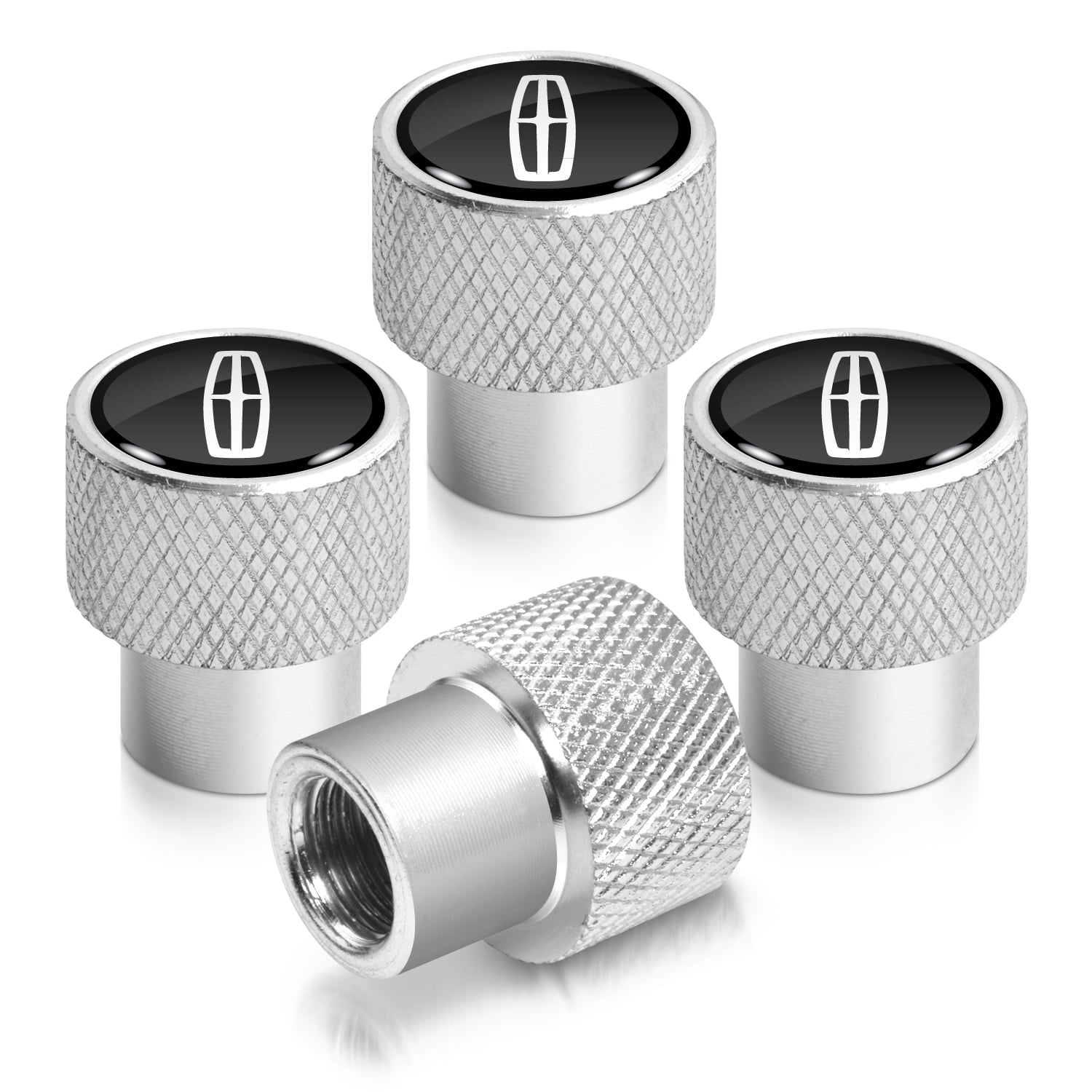 Lincoln logo in Black on Shining Silver Aluminum Tire Valve Stem Caps
