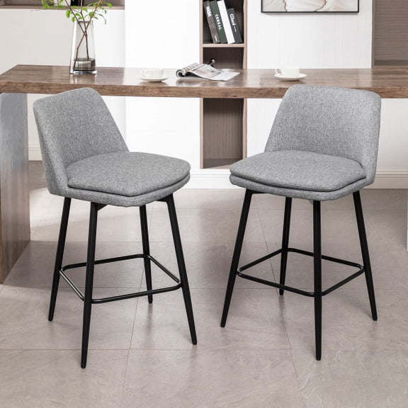 Lincordor 360°Modern Grey Counter Stools Set of 2 with Backs, 25.6" Swivel Pub Height Stools for Kitchen, Breakfast Bar, or Game Room, Soft Padded Seats and Metal Base