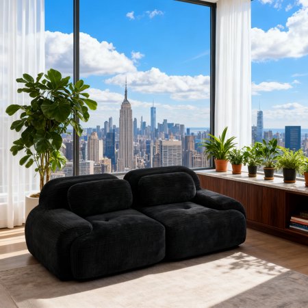 Lincordor 82"Modern Modular Sofa Set with Chenille Fabric, Curved Arm Design No Assembly Sectional, Non-Slip Base for Family Living Room,Black