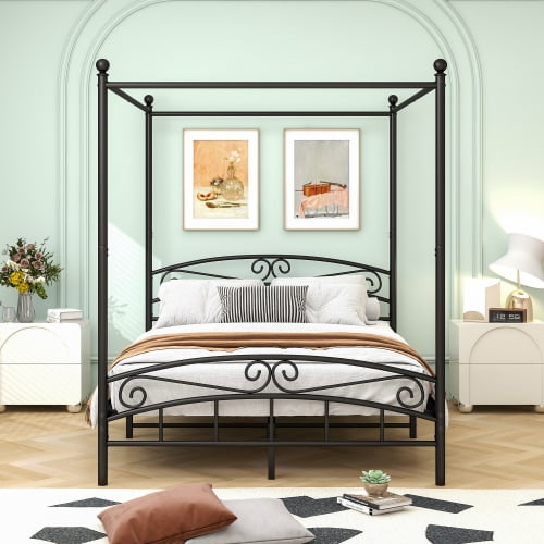 Lincordor Queen Size Four Poster Bed - Easy to assemble, metal frame with headboard, space-saving platform design, no box spring required