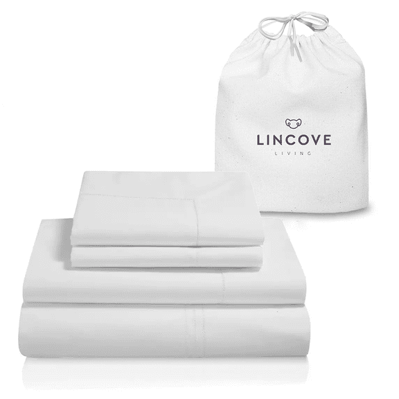 Lincove 400 Thread Count Cotton Sateen 4 Piece Sheet Set – Luxuriously Soft, 15" Deep Pockets, Includes 1 Fitted Sheet, 1 Flat Sheet, 2 Pillowcases, Queen, White