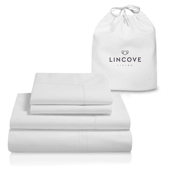 Lincove 400 Thread Count Cotton Sateen 4 Piece Sheet Set – Luxuriously Soft, 15" Deep Pockets, Includes 1 Fitted Sheet, 1 Flat Sheet, 2 Pillowcases - Twin, White