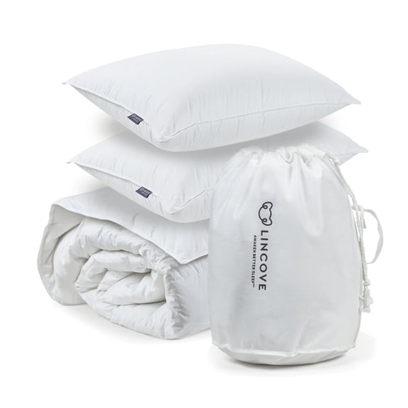 Lincove Move-in Bundle - White Down Comforter and Set of Two White Down Cloud, Queen, Firm Pillows - 625 Fill Power, 500 Thread Count Cotton Shell