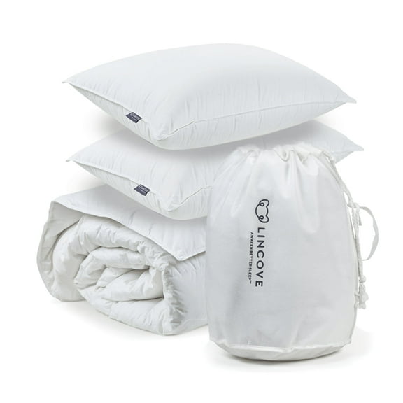 Lincove Move-in Bundle - White Down Comforter and Set of Two White Down Cloud, Standard, Firm Pillows - 625 Fill Power, 500 Thread Count Cotton Shell