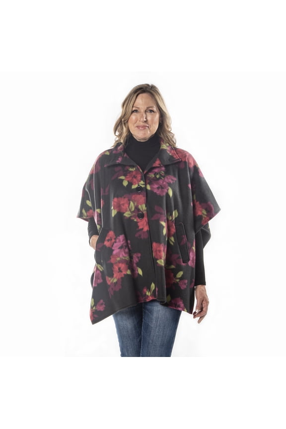 Bridget High Neck 4 Button Floral Fleece Cozy Coat Cape