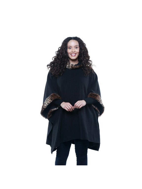 Le Moda Liza Cozy Coat Fleece Poncho with Faux Fur Trim