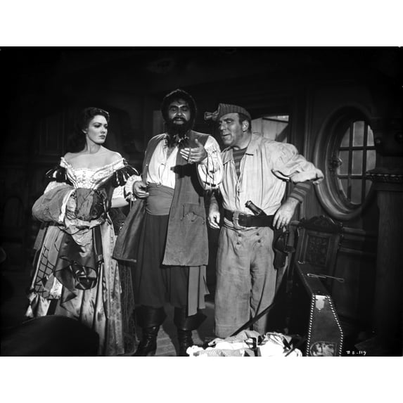 Linda Darnell posed with Two Man in Pirate Outfits in Black and White Photo Print (24 x 30)