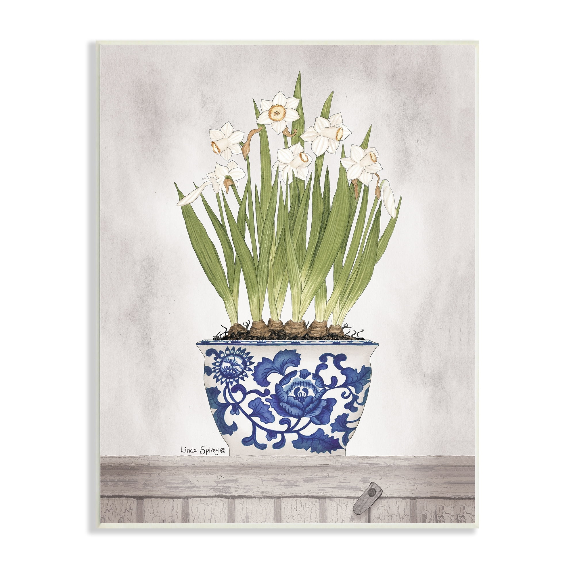 Linda Spivey Traditional Daffodil Flowers Porcelain Pattern Bowl Countryside Flowers 13 in x 19 in Framed Painting Art Print, by Stupell Home Décor