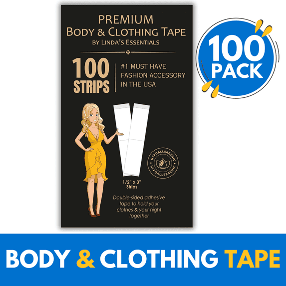 Linda's Essentials 100 Pcs Double Sided Body Tape for Clothes to Stay in Place - Double Sided Fabric Tape for Clothes and Skin - Transparent Adhesive Dress Tape for All Fabrics and Sensitive Skin
