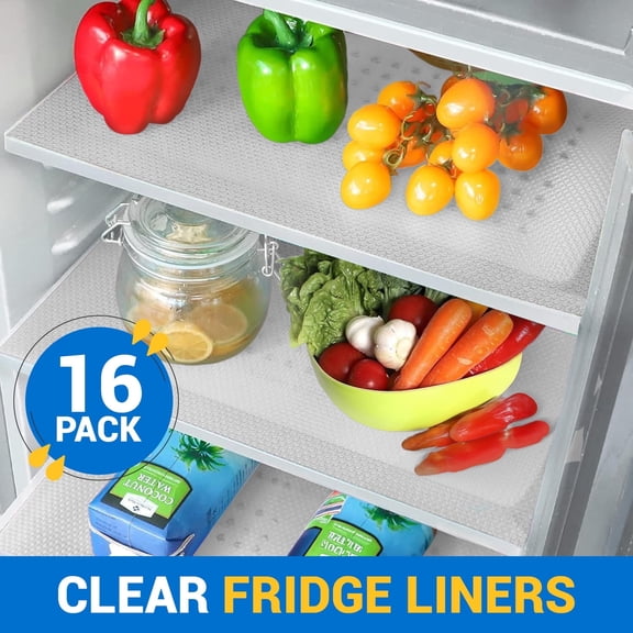 Linda’s Essentials 16 Pack Refrigerator Liners for Shelves 17.7"x11.4" - Easy to Clean Fridge Liner with Spill Protection - Nonslip Refrigerator Mats (Clear)