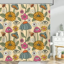 Lindameler 70s Retro Shower Curtain Vintage Yellow Flower Bathroom Curtain Funky Mushroom Fabric Shower Curtain Set with 12 Hooks 72x72 Inches