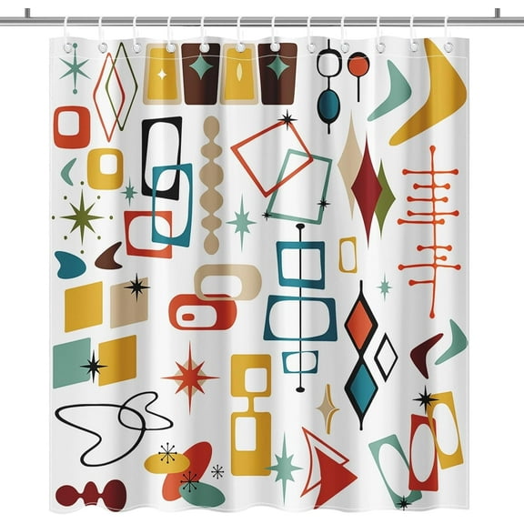 Lindarmeler Vintage Mid Century Modern Shower Curtain Abstract Geometric Bathroom Curtain Boho Retro Classic 1950s Bath Curtain Fabric Washable Waterproof Bathroom Decor 12 Hooks (White, )