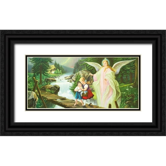 Lindberg 32x17 Black Ornate Wood Framed with Double Matting Museum Art Print Titled - GUARDIAN ANGEL