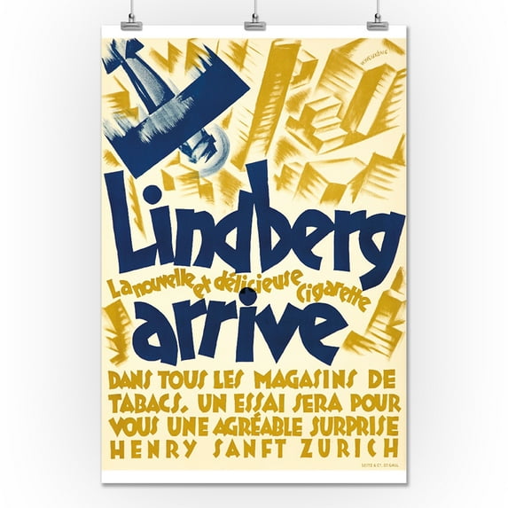 Lindberg Arrive Vintage Poster (artist: Weiskonig, Werner) Switzerland c. 1928 (24x36 Giclee Gallery Print, Wall Decor Travel Poster)