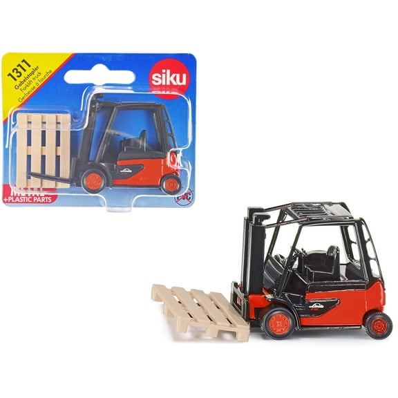 Linde E35 Forklift Truck Red with Black Top with Pallet Accessory Diecast Model by Siku