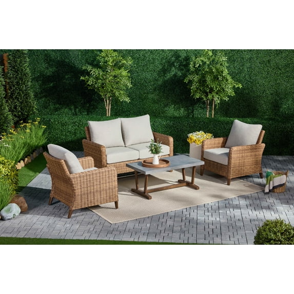 AE Outdoor Linden 4-Piece Patio Furniture Conversation Set, Steel and Wicker with Beige Cushions