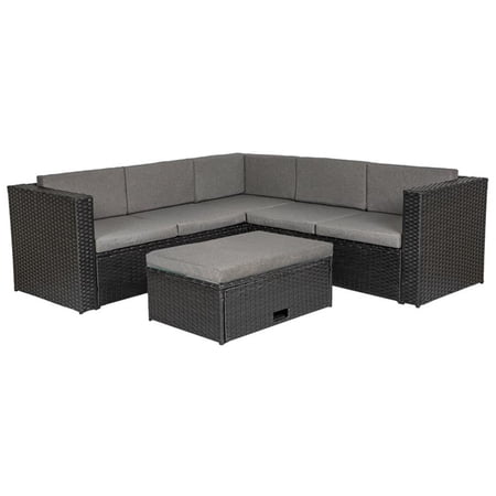 Linden 6-Seat Black Modern Wicker Sectional Set with Storage Ottoman