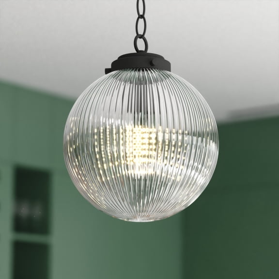 Linden 60-Watt 1-Light Matte Black Globe Pendant Light with Clear Ribbed Glass Shade Art Deco