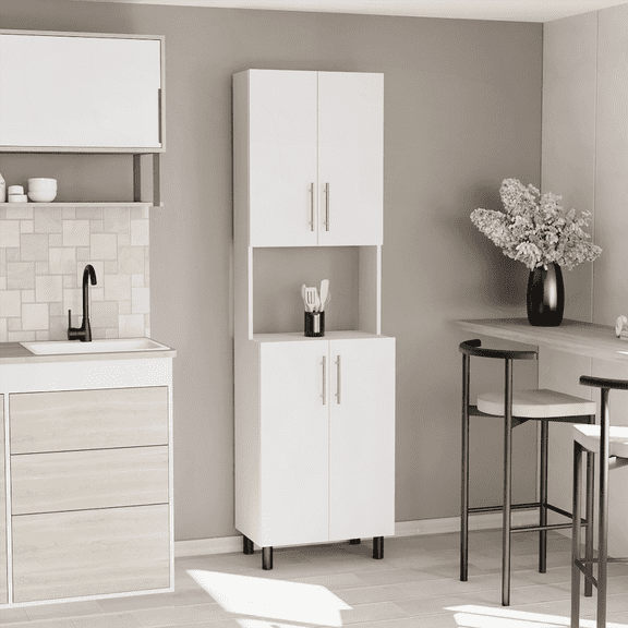 Linden 76.8" Tall Kitchen Pantry Storage Cabinet with Hutch - Double Doors, 5 Shelves, Microwave Holder for Kitchen/Garage