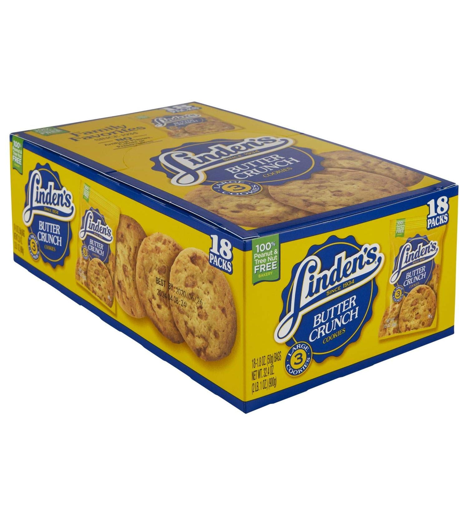 Linden BUTTER CRUNCH Cookies • 18 Packs • LARGE 3-Cookie Packs • Peanut & Tree-Nut Free • Soft & Crispy Sweet Snack • Lunchbox / Office / Vending BULK BOX