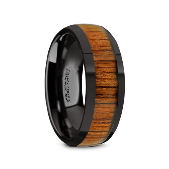 Linden Black Ceramic Polished Finish Mens Domed Wedding Band With Koa Wood Inlay