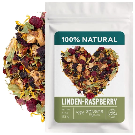 Linden & Raspberry Herbal Tea Loose Leaf Fruity Tea with Raspberry Leaf & Fruit, Lemon Balm & Elderflower No Caffeine Naturally Calming Herbal Teas 4oz.
