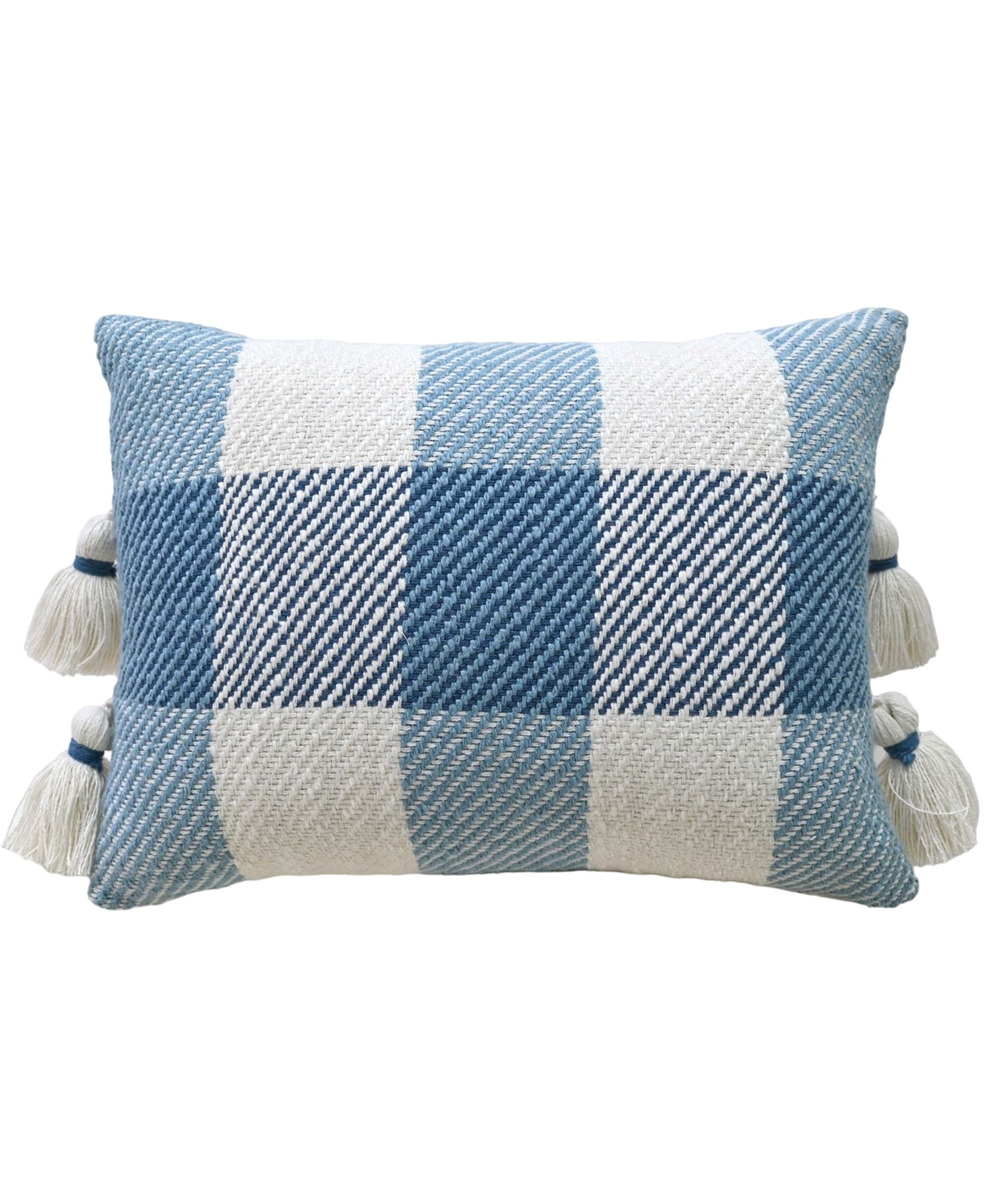 Blue and White Handloom Woven Plaid Throw Pillow 14'' x 20''