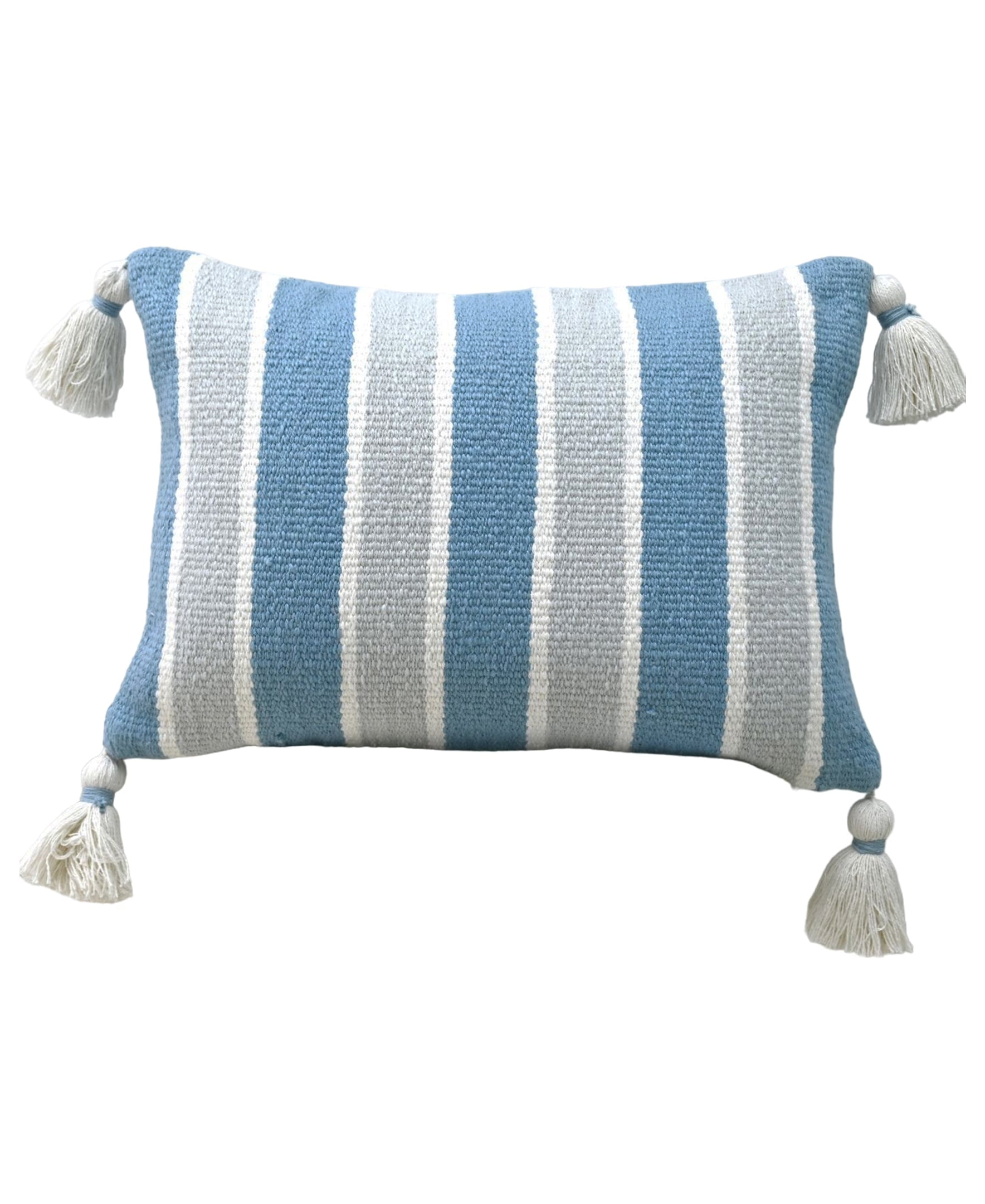 Blue and White Handwoven Cotton Pillow with Tassels, 14'' x 20''