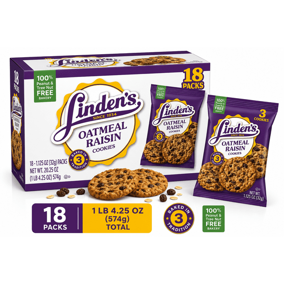 Linder's Oatmeal Raisin Cookies, 1.8 oz Packs, 18 Count Multipack