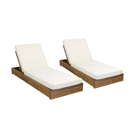 Lindero Outdoor Acacia Wood Chaise Lounge with Cushion (Set of 2), Teak and Cream