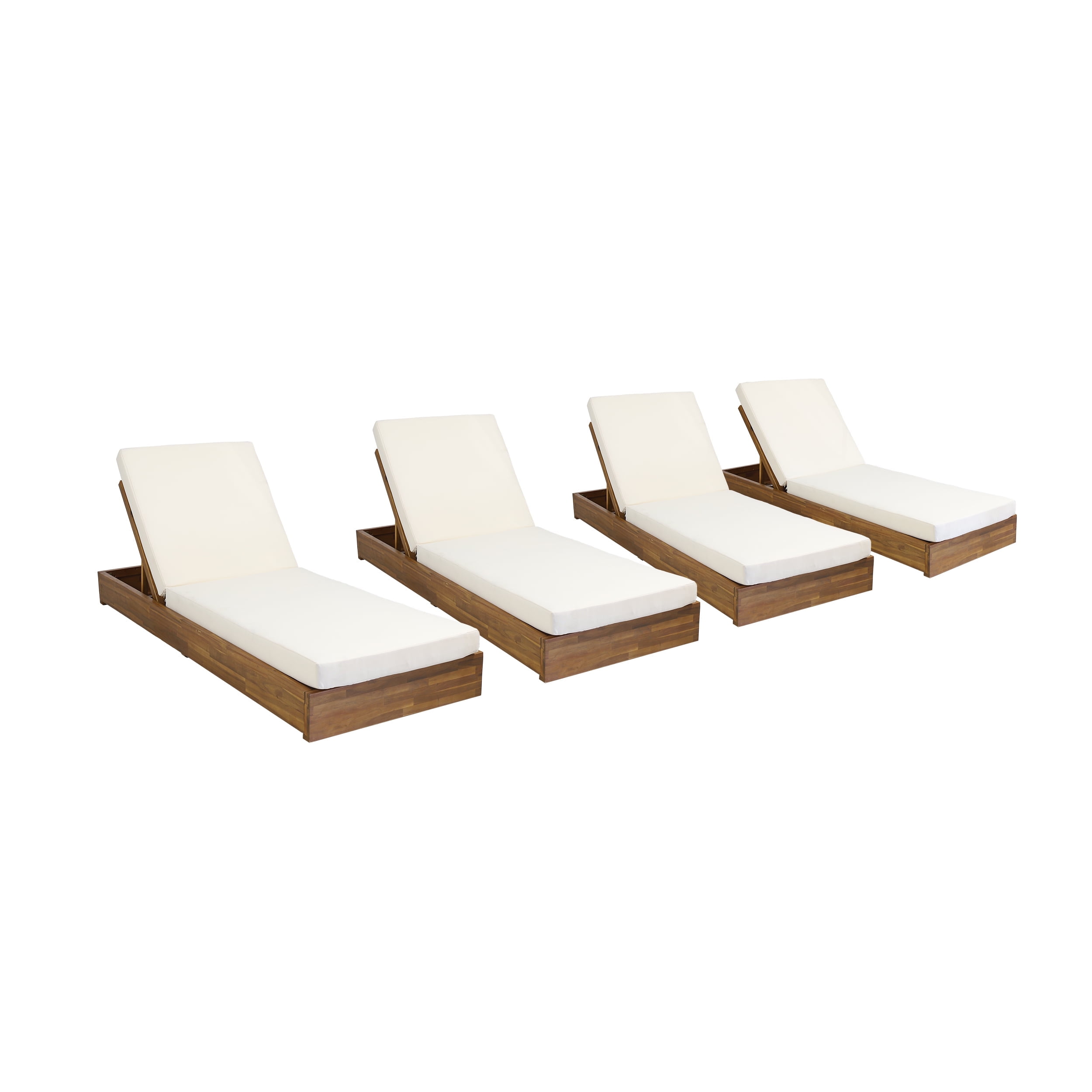Teak and Cream Acacia Wood Outdoor Chaise Lounge Set with Cushions
