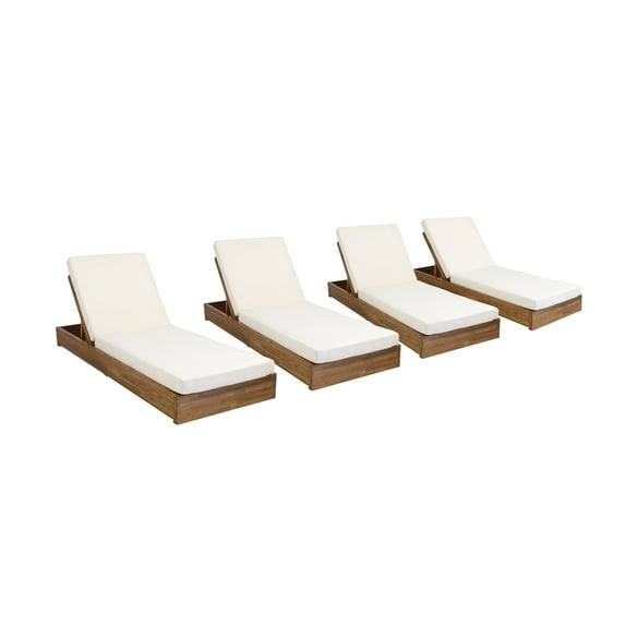 Lindero Outdoor Acacia Wood Chaise Lounge with Cushion (Set of 4), Teak and Cream