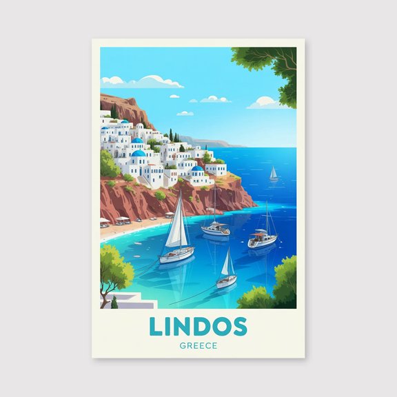 Lindos Cartoon Travel Canvas Greece Wall Art Island Print Canvas Coastal Illustration Historic Decor Lindos Souvenir Canvas-1WN1953