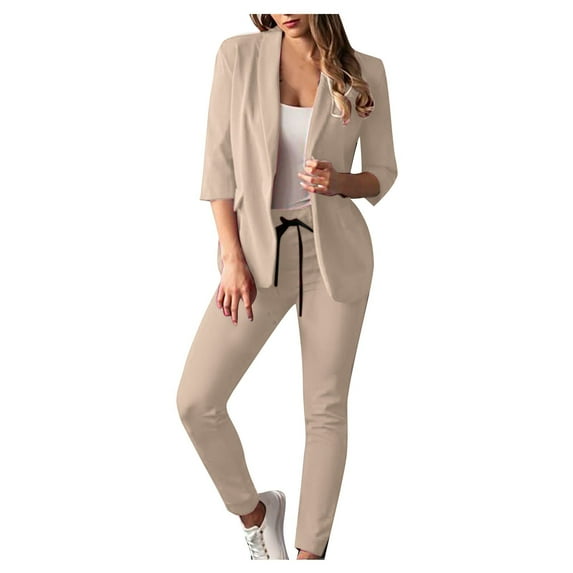 Lindreshi 2 Piece Blazer Suits for Women Women's Casual Lattice Color Suit Long Sleeve Blazer +Long Pants Two-Piece Set