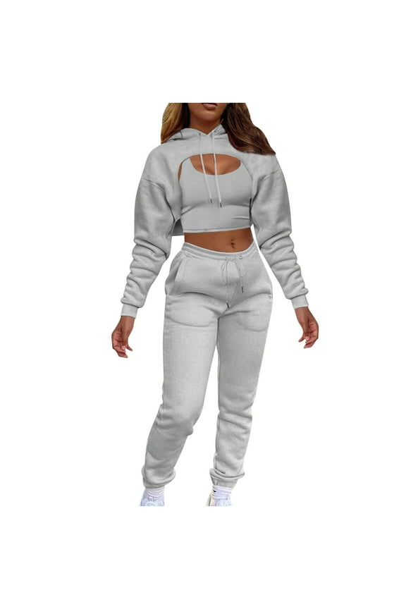 2 Piece Fall Sets for Women Women's Plush Drawstring Hoodie with Cotton Vest and Jogging Pants Three Piece Suit