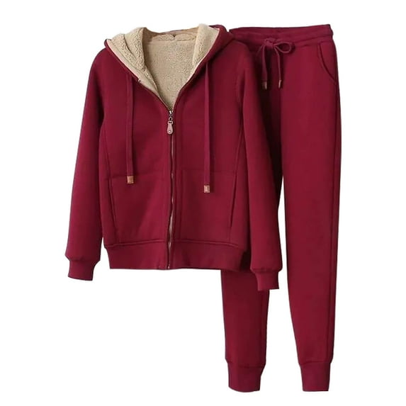 Lindreshi 2 Piece Fall Sets for Women Women's Solid Color Long Sleeve Hooded Pocket Coat Trousers Pants Fleece Suit