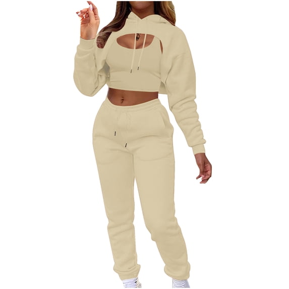 Lindreshi 2 Piece Lounge Set for Women Clearance Women's Solid Color Sling Vest Sweatshirt High Waist Pack Hip Straight with Pocket Pants Three-Piece Suit