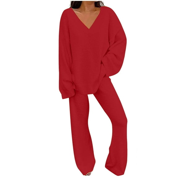 Lindreshi 2 Piece Lounge Set for Women Women Two Piece Outfits Long Sleeve Solid Color Tops with High Waist Pants Baggy Warm Pajama Sets