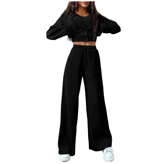 Lindreshi 2 Piece Lounge Set for Women Womens Fall Track Suits 3 Piece Outfits Matching Sets Ribbed Knit Cardigan Cropped Tank Tops Wide Leg Pants