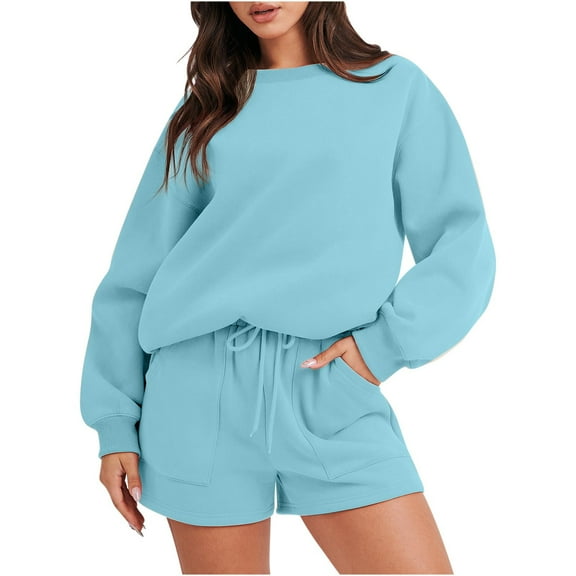 Lindreshi 2 Piece Outfit for Women Sweatsuits Women Fashion Round-Neck Blouse Long Sleeve Tops Sweatshirt Shorts Casual Suit Sets