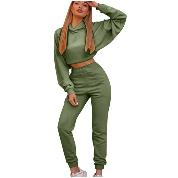 Lindreshi 2 Piece Sweat Suits for Women Clearance Women's Casual Solid Color Long Sleeved Short Hoodie Trousers Sports Suit