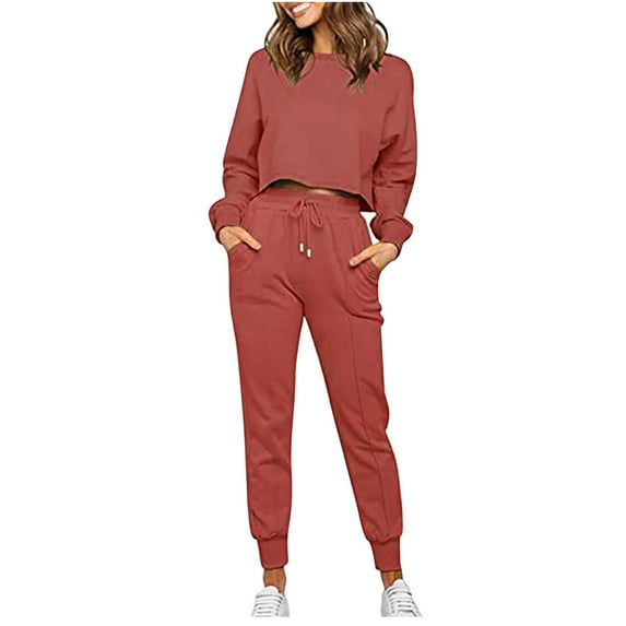 Lindreshi 2 Piece Sweat Suits for Women Clearance Women's Fashion Round-Neck Casual Set Casual Top Blouse and Pants Two-Piece Sportswear
